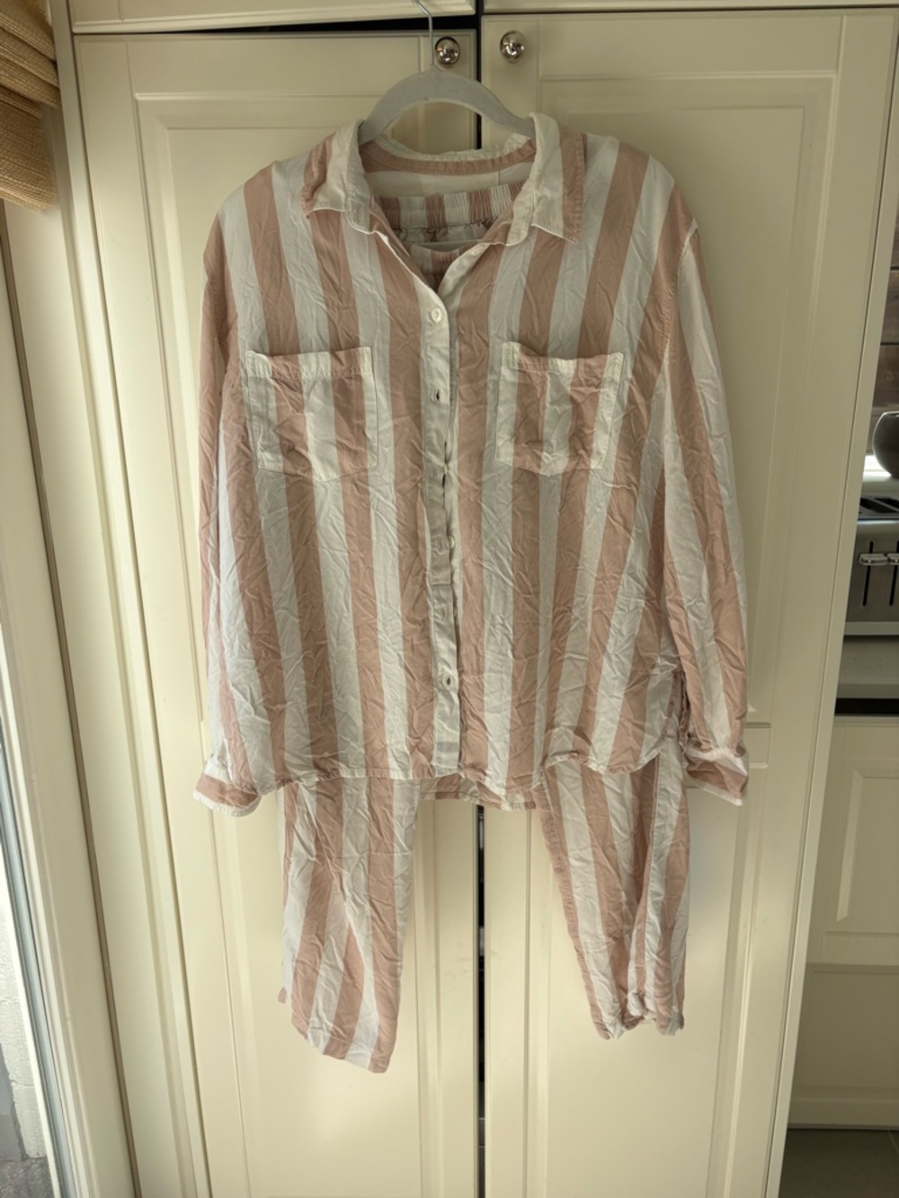 Women’s Pink & White Striped Pajama Set - Lightweight Button-Up Top & Pants